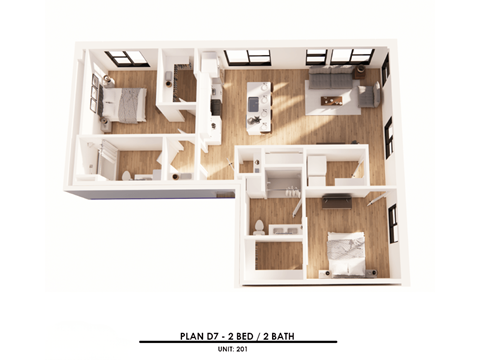 Floor plan for 2 beds, 2 baths, 1021 sqft