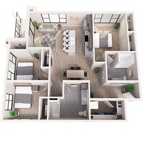 Floor plan for 3 beds, 2 baths, 1327 sqft