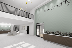 Middleton apartment for rent - A modern interior space with a glass wall and a rocky ledge.