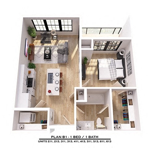 Floor plan for 1 bed, 1 bath, 664 sqft