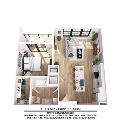 Floor plan for 1 bed, 1 bath, 746 sqft