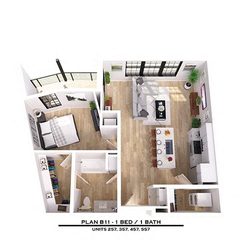 Floor plan for 1 bed, 1 bath, 774 sqft