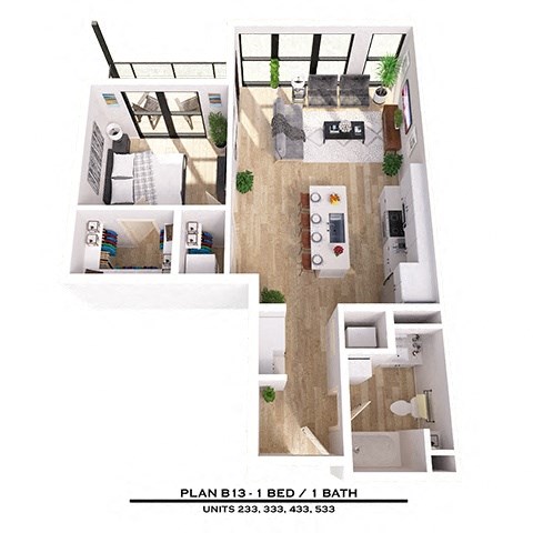 Floor plan for 1 bed, 1 bath, 788 sqft