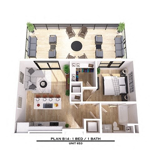 Floor plan for 1 bed, 1 bath, 629 sqft
