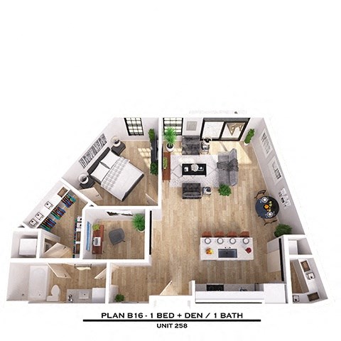 Floor plan for 1 bed, 1 bath, 958 sqft