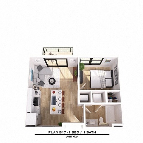 Floor plan for 1 bed, 1 bath, 509 sqft
