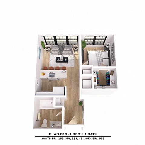 Floor plan for 1 bed, 1 bath, 519 sqft