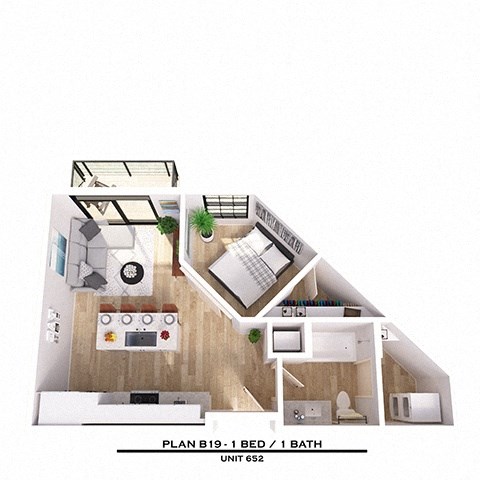 Floor plan for 1 bed, 1 bath, 538 sqft