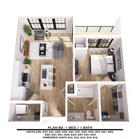Floor plan for 1 bed, 1 bath, 679 sqft