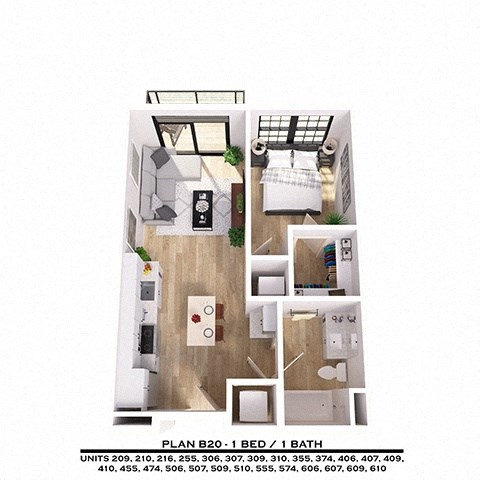 Floor plan for 1 bed, 1 bath, 545 sqft