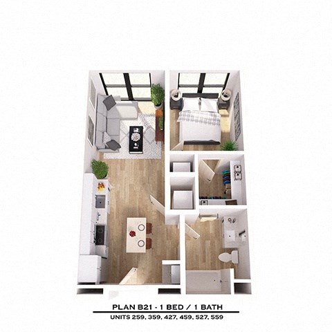 Floor plan for 1 bed, 1 bath, 566 sqft