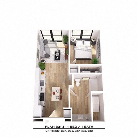 Floor plan for 1 bed, 1 bath, 566 sqft