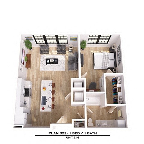 Floor plan for 1 bed, 1 bath, 819 sqft