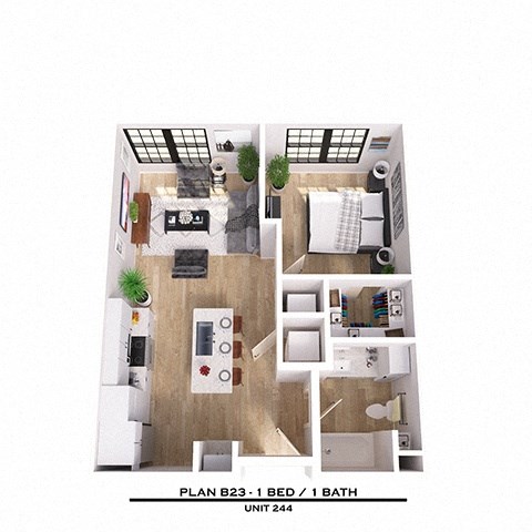 Floor plan for 1 bed, 1 bath, 636 sqft