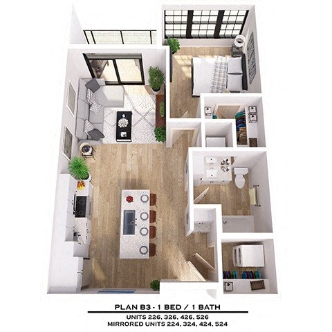 Floor plan for 1 bed, 1 bath, 689 sqft