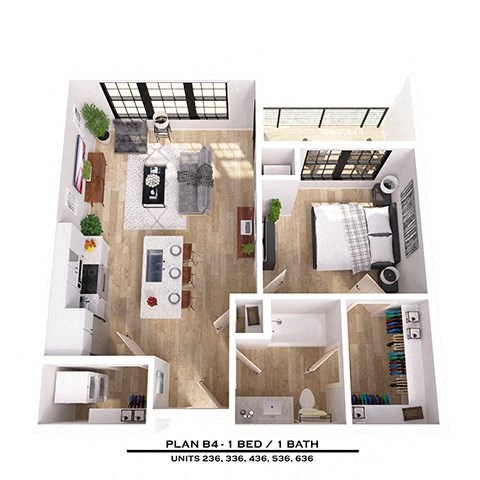 Floor plan for 1 bed, 1 bath, 692 sqft