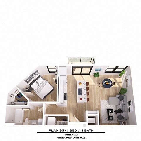 Floor plan for 1 bed, 1 bath, 740 sqft