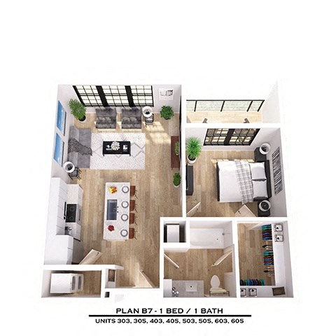 Floor plan for 1 bed, 1 bath, 714 sqft