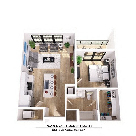 Floor plan for 1 bed, 1 bath, 716 sqft