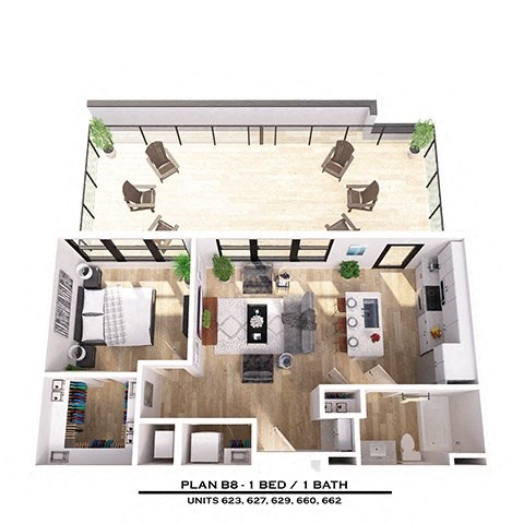 Floor plan for 1 bed, 1 bath, 714 sqft
