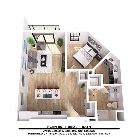 Floor plan for 1 bed, 1 bath, 769 sqft