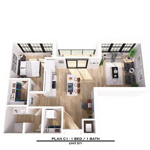 Floor plan for 1 bed, 1 bath, 834 sqft