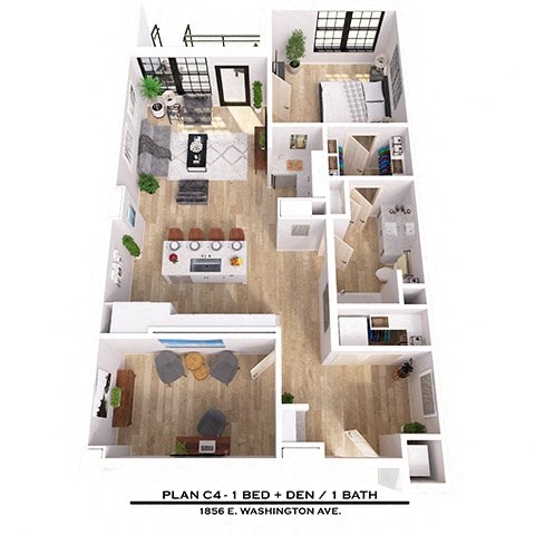Floor plan for 1 bed, 1 bath, 1047 sqft