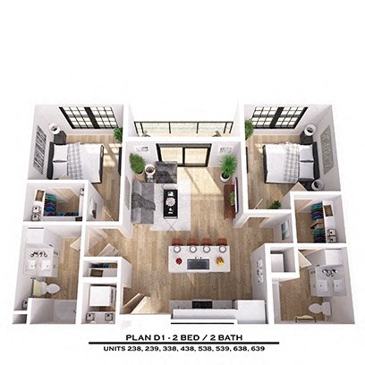 Floor plan for 2 beds, 2 baths, 969 sqft