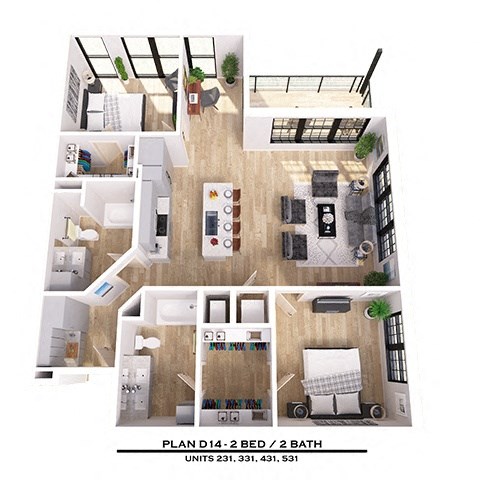 Floor plan for 2 beds, 2 baths, 1266 sqft