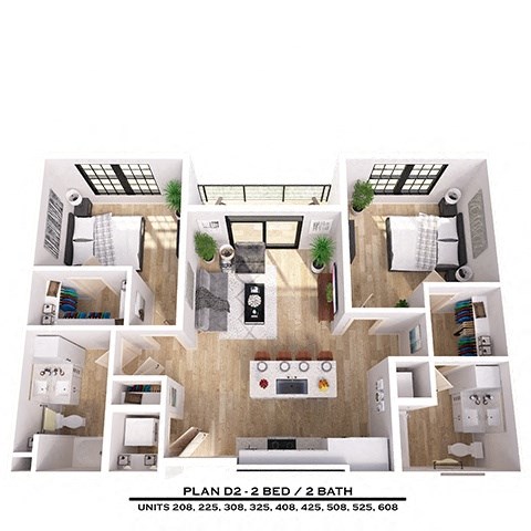 Floor plan for 2 beds, 2 baths, 1017 sqft