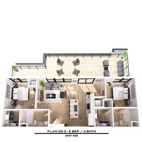 Floor plan for 2 beds, 2 baths, 1033 sqft