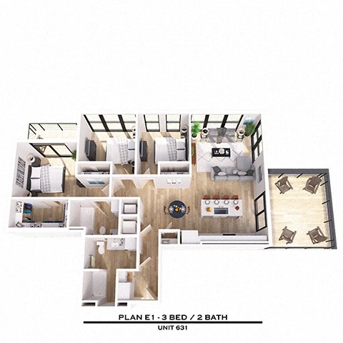 Floor plan for 3 beds, 2 baths, 1317 sqft