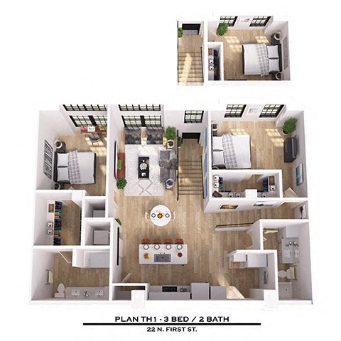 Floor plan for 3 beds, 2 baths, 1349 sqft
