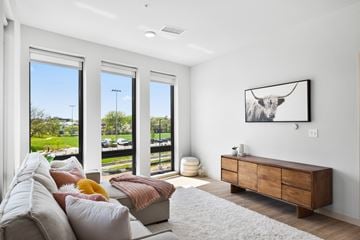 Madison apartment for rent - A living room with a couch, a painting of a cow, and a large window.