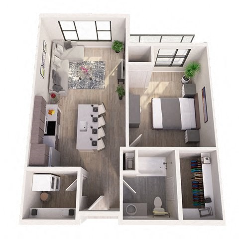 Floor plan for 1 bed, 1 bath, 735 sqft
