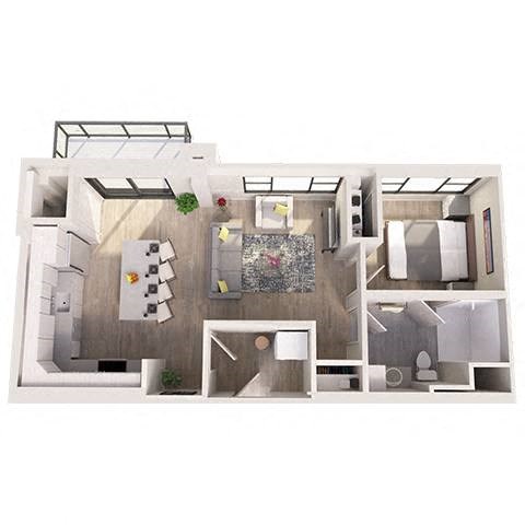 Floor plan for 1 bed, 1 bath, 716 sqft