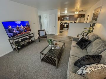 Oshkosh apartment for rent - A living room with a grey couch and a television on a stand.