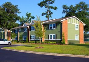 Hinesville apartment for rent - A green and brown house with a tree in front.