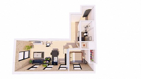 Floor plan for 1 bed, 1 bath, 696 sqft
