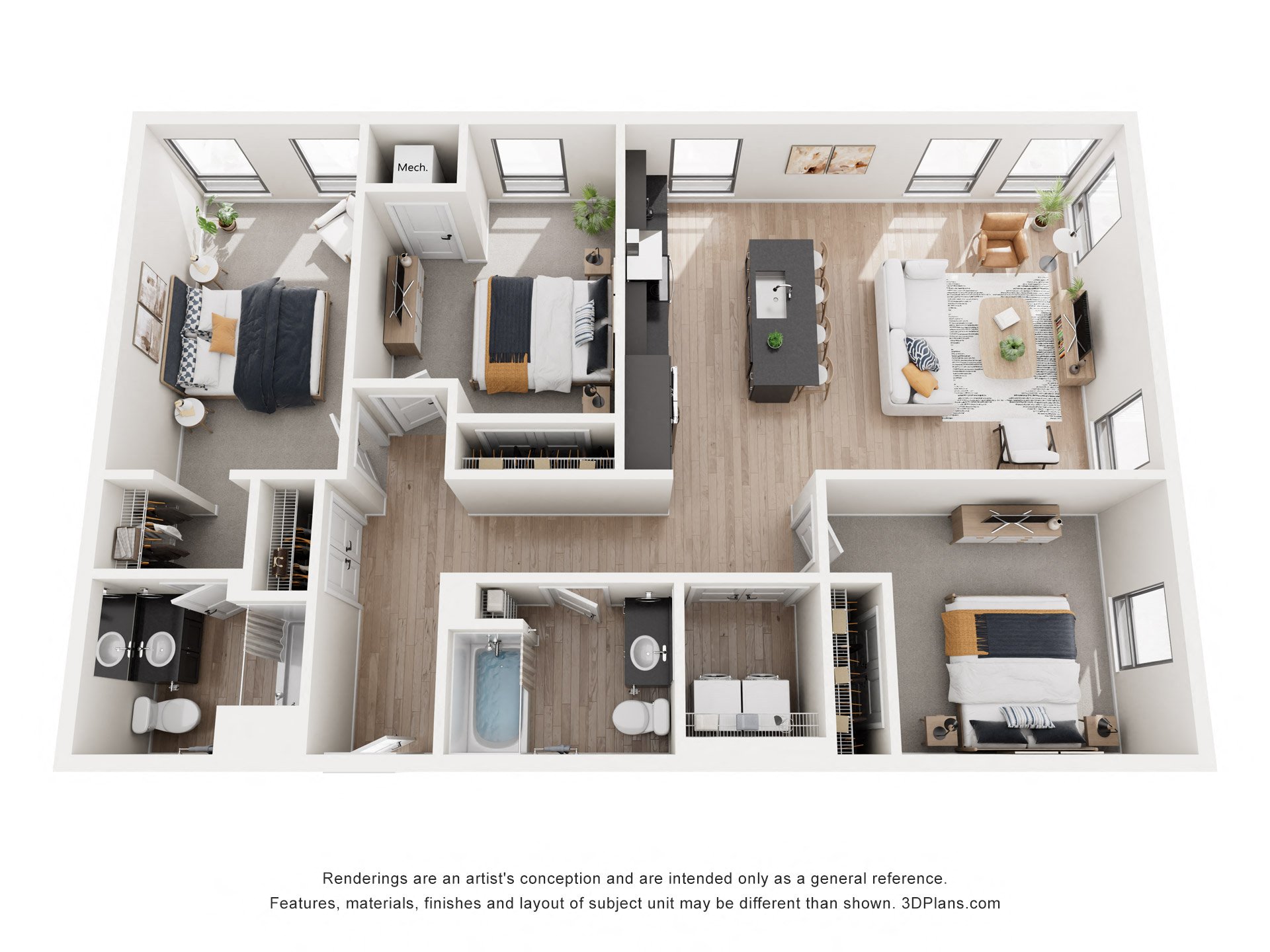 Floor plan for 3 beds, 2 baths, 1373 sqft