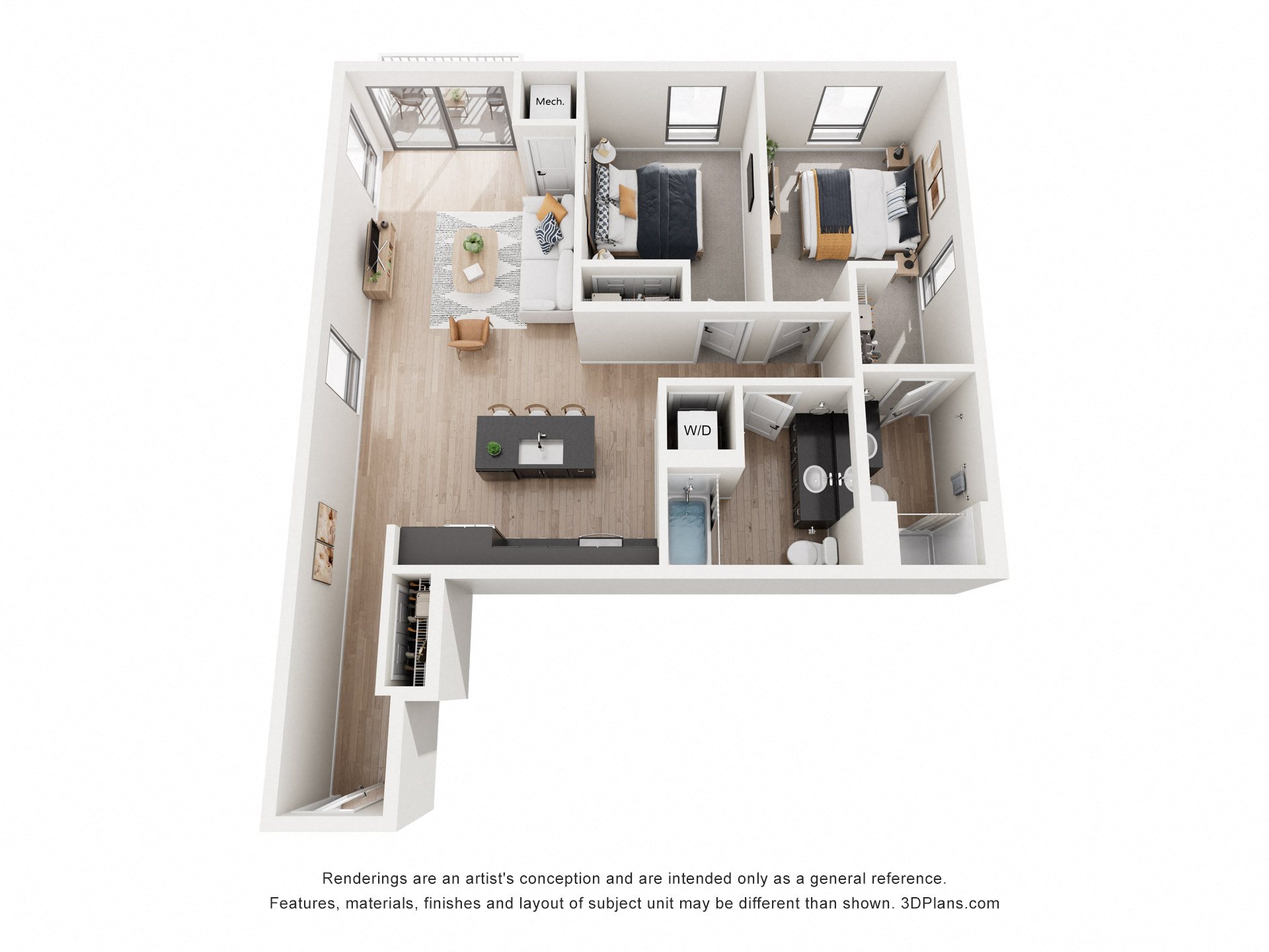 Floor plan for 2 beds, 2 baths, 1091 sqft