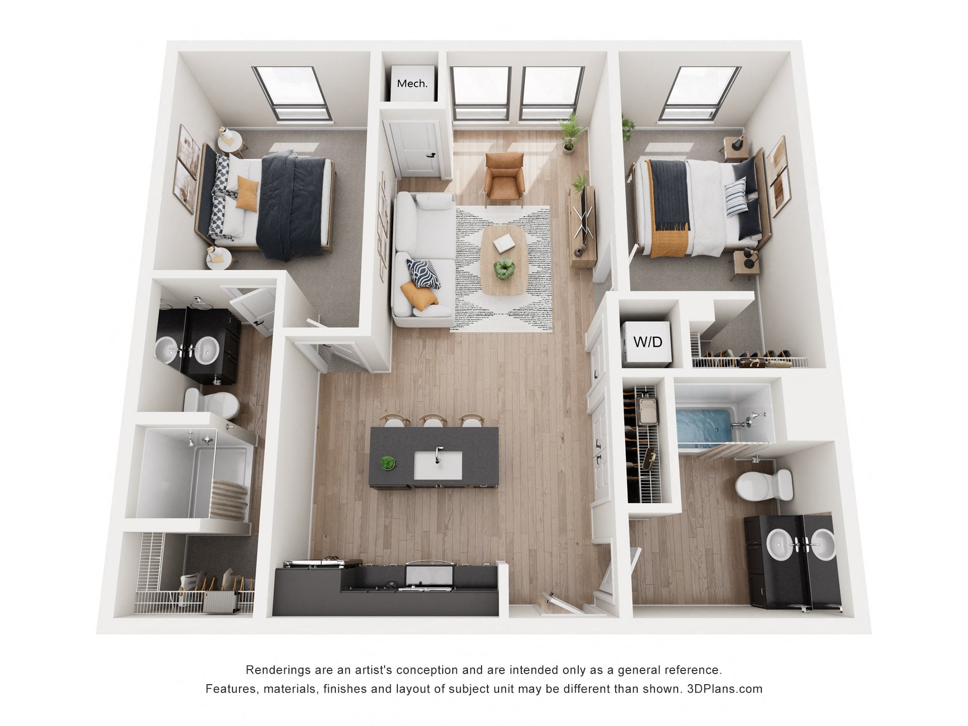 Floor plan for 2 beds, 2 baths, 970 sqft