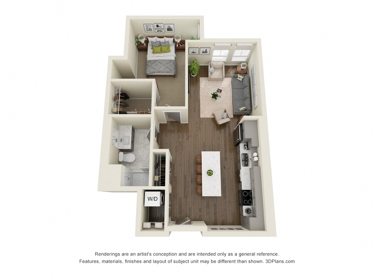 Floor plan for 1 bed, 1 bath, 731 sqft
