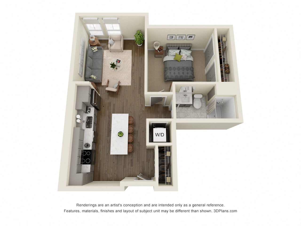 Floor plan for 1 bed, 1 bath, 678 sqft