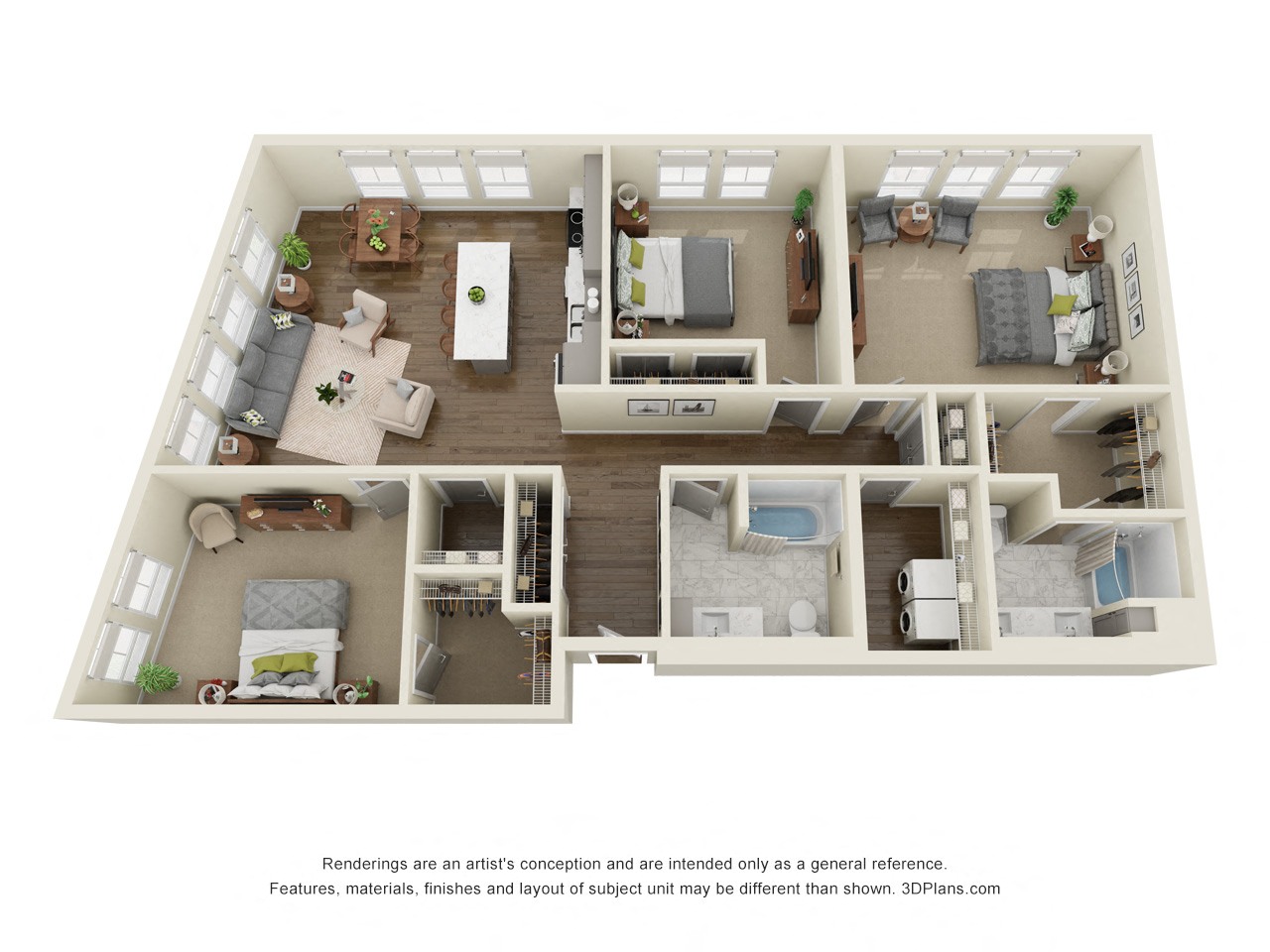 Floor plan for 3 beds, 2 baths, 1551 sqft
