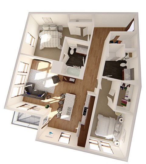 Floor plan for 2 beds, 2 baths, 1117 sqft