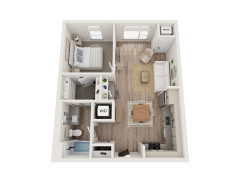 Floor plan for 1 bed, 1 bath, 685 sqft