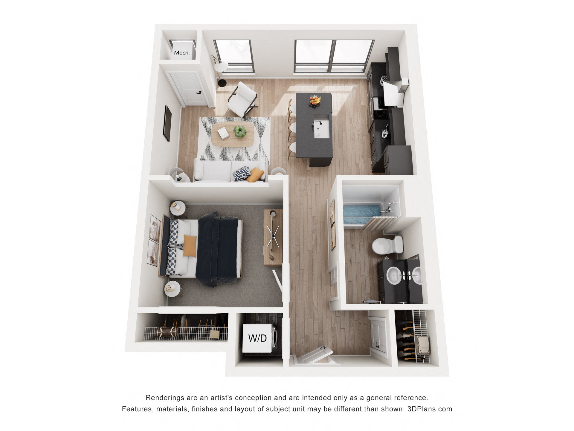 Floor plan for 1 bed, 1 bath, 673 sqft