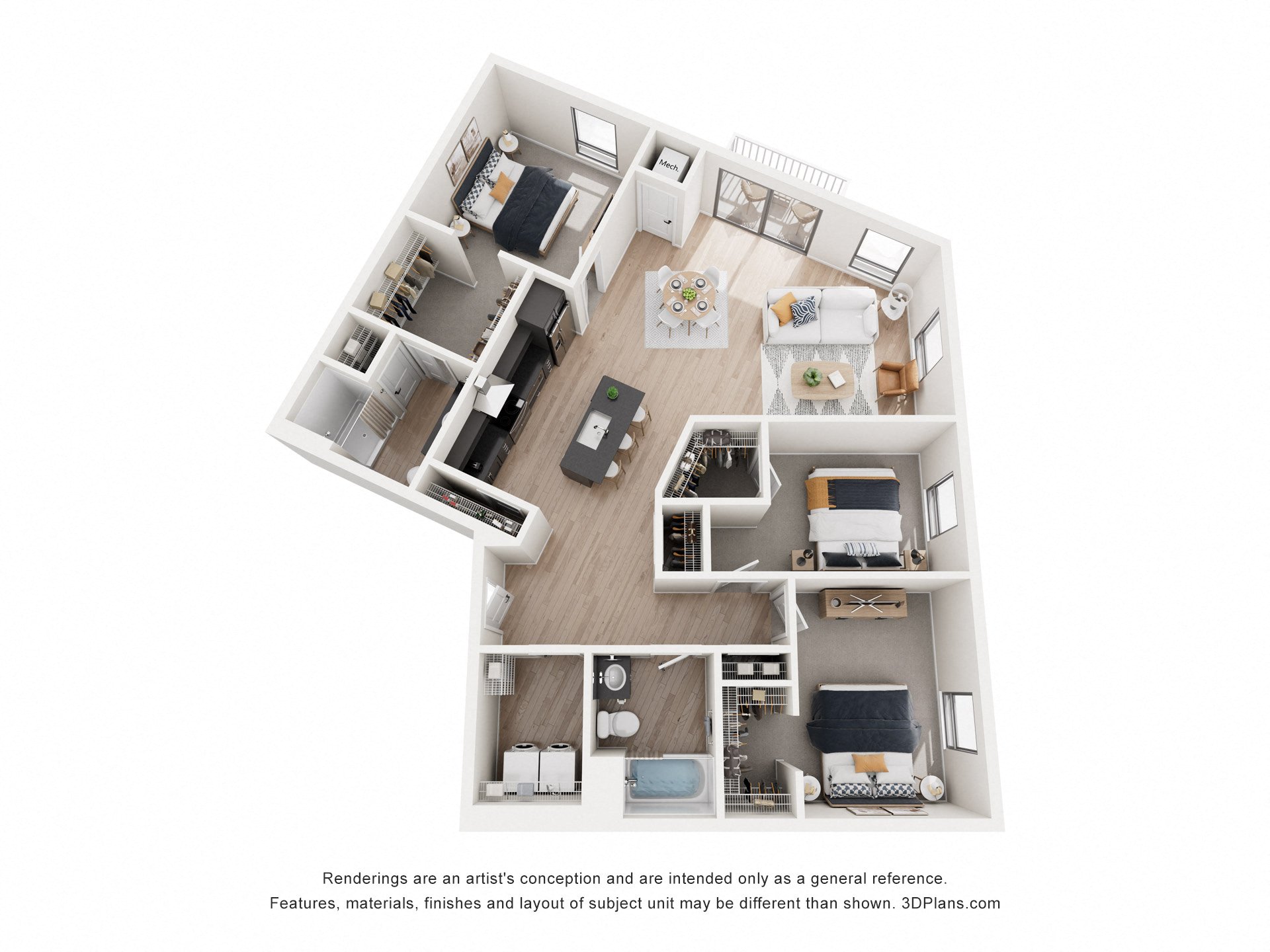 Floor plan for 3 beds, 2 baths, 1425 sqft
