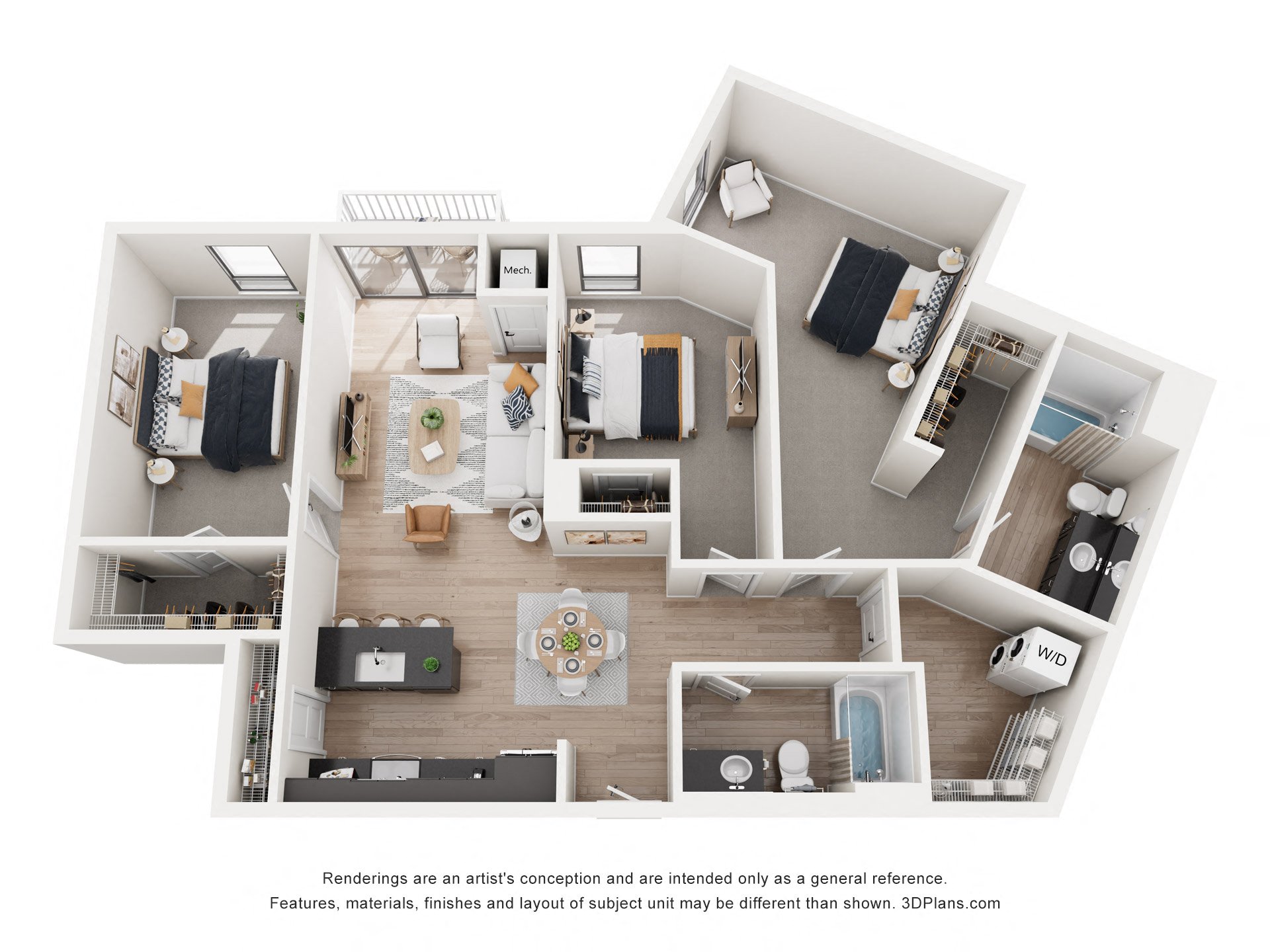 Floor plan for 3 beds, 2 baths, 1507 sqft